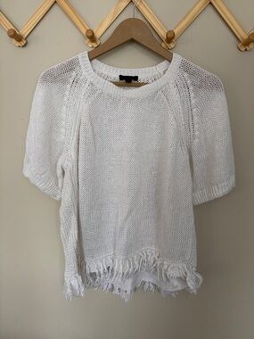 J. Crew White Open Knit Fringe Hem linen Sweater